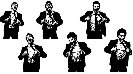 Black Solid Singer Tearing Shirt Open Silhouettes Set of Six on White Background isolated on plain white background.のイラスト素材