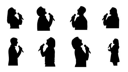 Black Solid Singer Standing Toes Silhouettes Set of Six on White Background isolated on plain white background.のイラスト素材