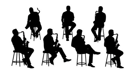 Black Solid Sitting Blues Saxophone Player Silhouettes Set of Six on White Background isolated on plain white background.のイラスト素材