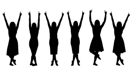Black Solid Victory Pose Arms Raised Silhouettes Set of Six isolated on plain white background.のイラスト素材