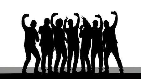 Black Solid Singer Taking Selfie Silhouettes Set of Six on White Background isolated on plain white background.のイラスト素材