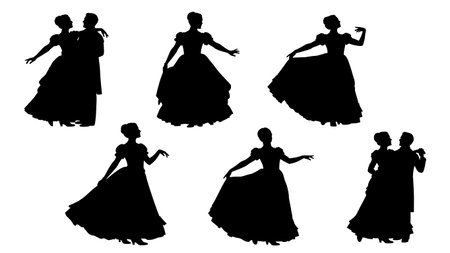 Black Solid Victorian Dance Silhouettes Set of Six on White Background isolated on plain white background.のイラスト素材