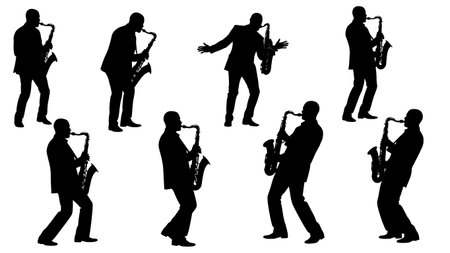 Black Solid Soul Saxophone Player Silhouettes Set of Six on White Background isolated on plain white background.のイラスト素材