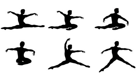 Black Solid Male Ballet Tour En Lair Silhouettes Set of Six on White Background isolated on plain white background.のイラスト素材