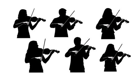 Black Solid Singer Playing Violin Silhouettes Set of Six on White Background isolated on plain white background.のイラスト素材