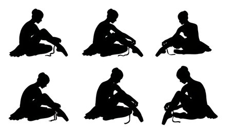 Black Solid Ballerina Tying Shoes Silhouettes Set of Six on White Background isolated on plain white background.のイラスト素材