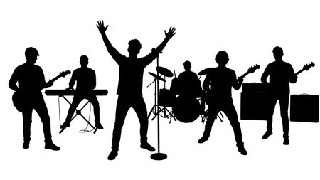 Black Solid Teen Garage Band Guitarist Silhouettes Set of Six on White Background isolated on plain white background.のイラスト素材