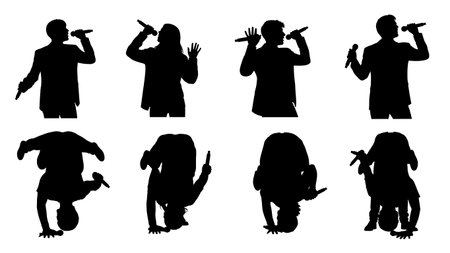 Black Solid Singer Mic Upside Down Silhouettes Set of Six on White Background isolated on plain white background.のイラスト素材