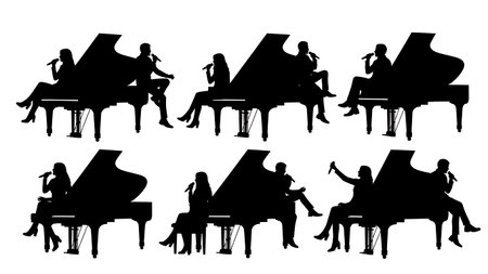 Black Solid Singer Sitting Grand Piano Silhouettes Set of Six on White Background isolated on plain white background.のイラスト素材
