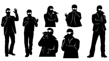 Black Solid Singer Sunglasses Attitude Silhouettes Set of Six on White Background isolated on plain white background.のイラスト素材