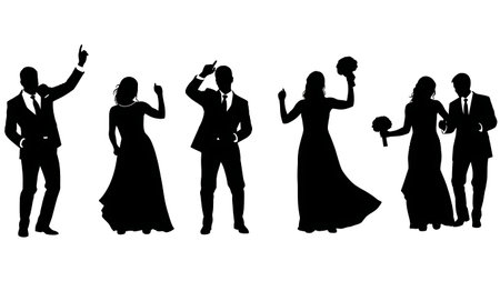 Black Solid Wedding Dance Silhouettes Set of Six on White Background isolated on plain white background.のイラスト素材