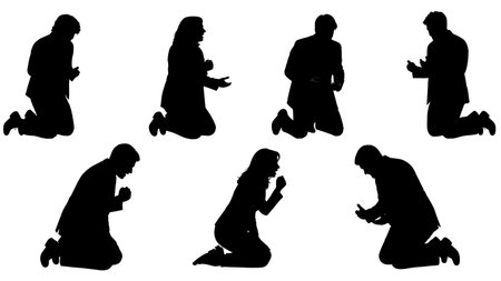 Black Solid Singer Kneeling Drama Silhouettes Set of Six on White Background isolated on plain white background.のイラスト素材