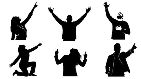 Black Solid Singer Pointing Sky Silhouettes Set of Six on White Background isolated on plain white background.のイラスト素材