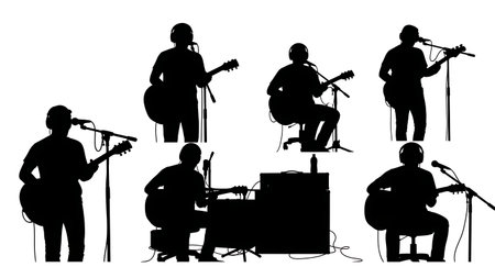 Black Solid Studio Guitarist Silhouettes Set of Six on White Background isolated on plain white background.のイラスト素材