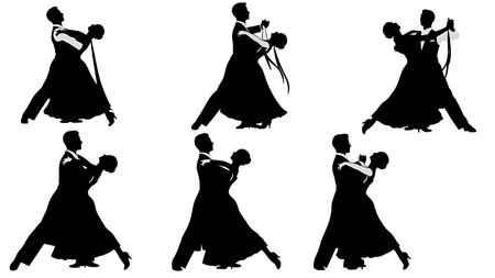Black Solid Waltz Couple Silhouettes Set of Six on White Background isolated on plain white background.のイラスト素材