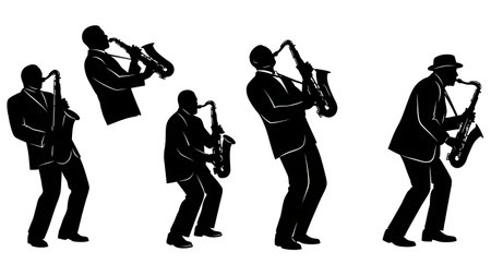 Black Solid Soul Saxophone Player Silhouettes Set of Six on White Background isolated on plain white background.のイラスト素材