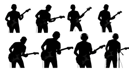 Black Solid Studio Guitarist Silhouettes Set of Six on White Background isolated on plain white background.のイラスト素材