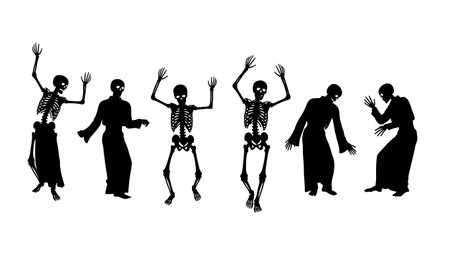 Black Solid Skeleton Dance Silhouettes Set of Six on White Background isolated on plain white background.のイラスト素材