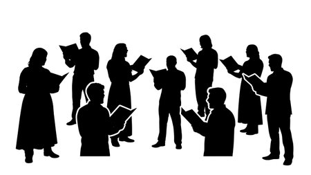 Black Solid Singer Holding Lyrics Silhouettes Set of Six on White Background isolated on plain white background.のイラスト素材