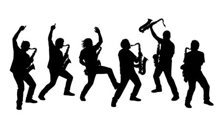 Black Solid Ska Saxophone Player Silhouettes Set of Six on White Background isolated on plain white background.のイラスト素材