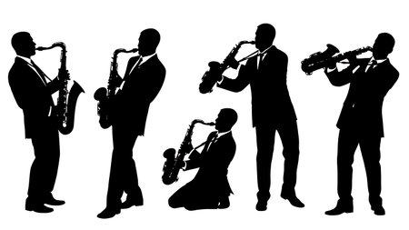 Black Solid Suit and Tie Saxophone Player Silhouettes Set of Six on White Background isolated on plain white background.のイラスト素材