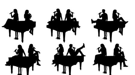 Black Solid Singer Sitting Grand Piano Silhouettes Set of Six on White Background isolated on plain white background.のイラスト素材