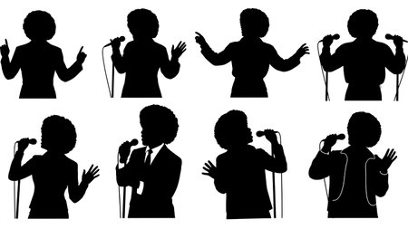 Black Solid Soul Singer Afro Style Silhouettes Set of Six on White Background isolated on plain white background.のイラスト素材