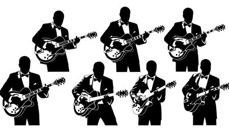 Black Solid Tuxedo Jazz Guitarist Silhouettes Set of Six on White Background isolated on plain white background.のイラスト素材