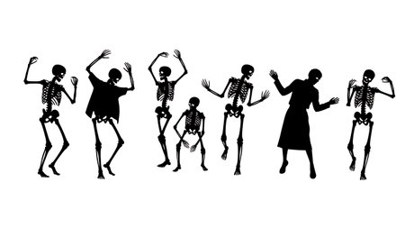 Black Solid Skeleton Dance Silhouettes Set of Six on White Background isolated on plain white background.のイラスト素材