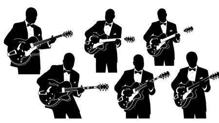 Black Solid Tuxedo Jazz Guitarist Silhouettes Set of Six on White Background isolated on plain white background.のイラスト素材