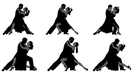 Black Solid Tango Dancer Silhouettes Set of Six on White Background isolated on plain white background.のイラスト素材