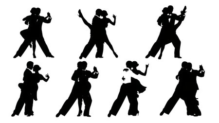 Black Solid Tango Gancho Silhouettes Set of Six on White Background isolated on plain white background.のイラスト素材