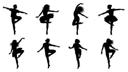 Black Solid Ballet Temps Leve Hop Silhouettes Set of Six on White Background isolated on plain white background.のイラスト素材