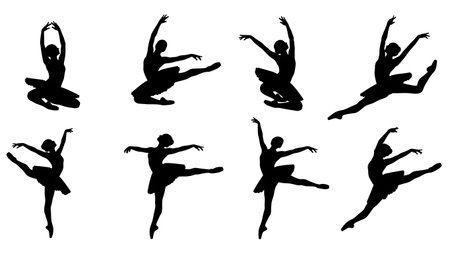Black Solid Ballet Sissone Jump Silhouettes Set of Six on White Background isolated on plain white background.のイラスト素材