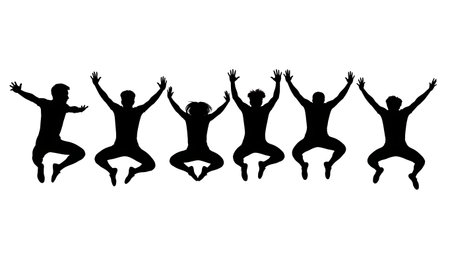 Black Solid Wide Leg Star Jump Silhouettes Set of Six isolated on plain white background.のイラスト素材