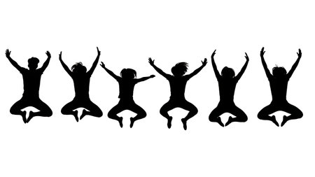 Black Solid Wide Leg Star Jump Silhouettes Set of Six isolated on plain white background.のイラスト素材