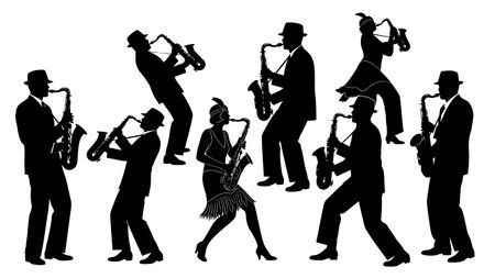 Black Solid Vintage 1920s Saxophone Player Silhouettes Set of Six on White Background isolated on plain white background.のイラスト素材