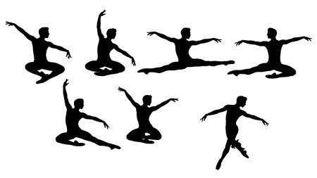 Black Solid Male Ballet Tour En Lair Silhouettes Set of Six on White Background isolated on plain white background.のイラスト素材