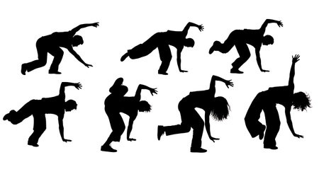 Black Solid Voguing Dip Drop Move Silhouettes Set of Six isolated on plain white background.のイラスト素材