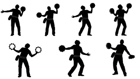 Black Solid Singer Tambourine Hip Silhouettes Set of Six on White Background isolated on plain white background.のイラスト素材