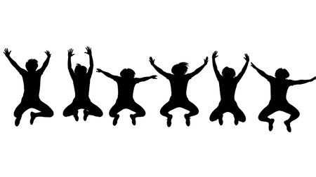 Black Solid Wide Leg Star Jump Silhouettes Set of Six isolated on plain white background.のイラスト素材