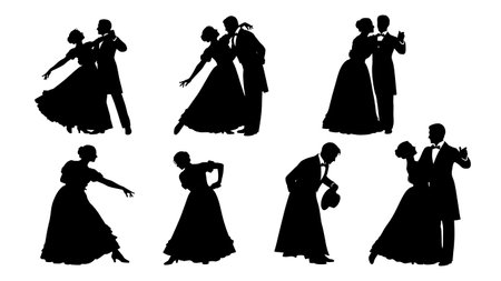 Black Solid Victorian Dance Silhouettes Set of Six on White Background isolated on plain white background.のイラスト素材