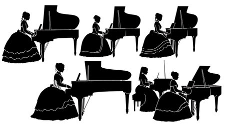 Black Solid Victorian Pianist Silhouettes Set of Six on White Background isolated on plain white background.のイラスト素材