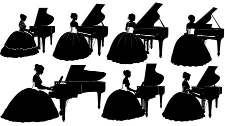 Black Solid Victorian Pianist Silhouettes Set of Six on White Background isolated on plain white background.のイラスト素材