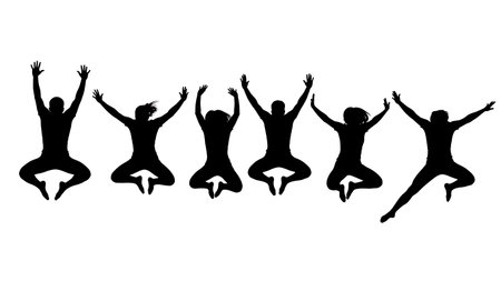 Black Solid Wide Leg Star Jump Silhouettes Set of Six isolated on plain white background.のイラスト素材