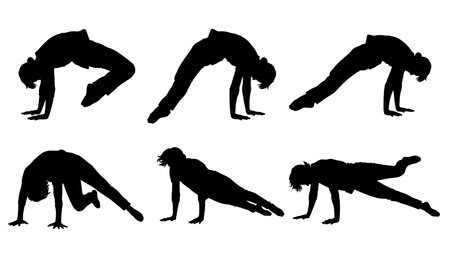 Black Solid Worm Dance Move Floor Silhouettes Set of Six isolated on plain white background.のイラスト素材