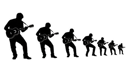 Black Solid Ukulele Player Silhouettes Set of Six on White Background isolated on plain white background.のイラスト素材
