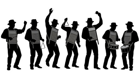 Black Solid Washboard Jazz Player Silhouettes Set of Six on White Background isolated on plain white background.のイラスト素材
