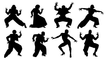Black Solid Vogue Dance Silhouettes Set of Six on White Background isolated on plain white background.のイラスト素材