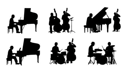 Black Solid Vintage Jazz Musician Silhouettes Set of Six on White Background isolated on plain white background.のイラスト素材
